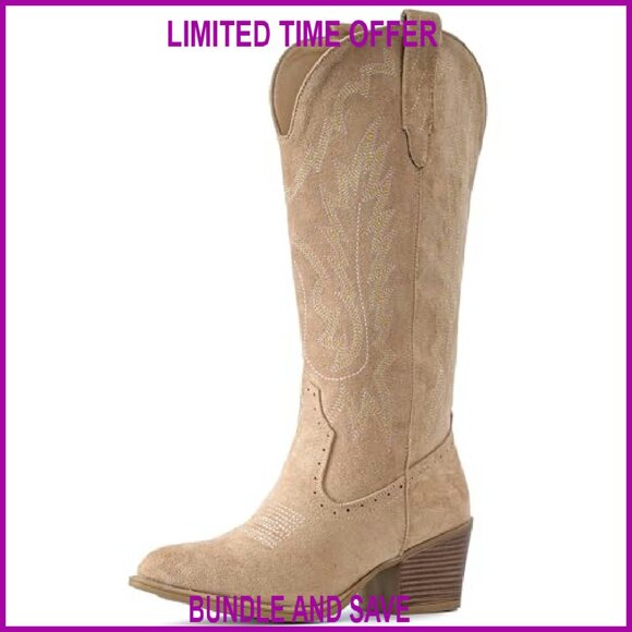Suede Cowboy Boots Women Chunky Heel Pointed Toe Mid Calf Western - Picture 5 of 8